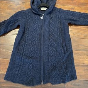 Saol Ireland Merino Wool Cable Knit Womens Cardigan Size L Navy Fisherman